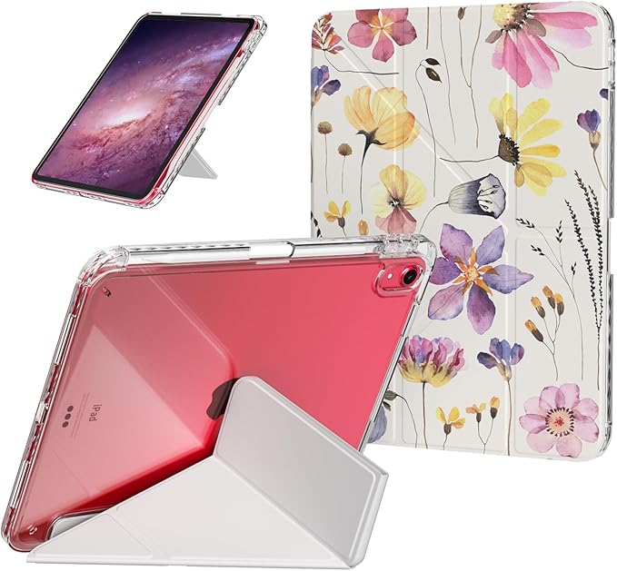 Origami Case for iPad 11th Generation 2025 A16, iPad 10th Generation 2022 Case, Slim Trifold Multi-Angle Stand, Shockproof Clear Back Cover with Pencil Holder, Watercolor Floral