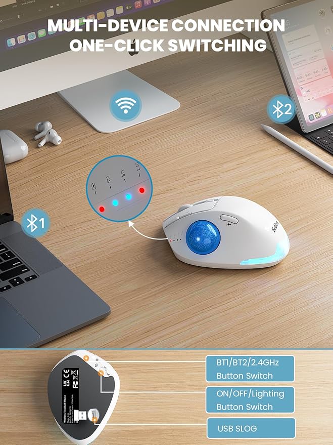 MAM1 Pro Wireless Trackball Mouse, Ergonomic Bluetooth Rechargeable Computer Mouse, Backlit Rollerball Thumb mice with 5 Level DPI, Adjustable Angle, 3 Devices Connection for PC, Windows - White Mouse