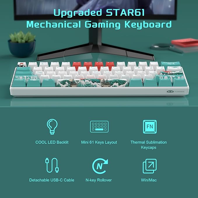 Camiysn 60% Mechanical Gaming Keyboard,Mixed Color Keycaps Gaming Keyboard with Linear Red Switches, Detachable Type-C Cable Mini Keyboard with Blue LED Light for PC/Laptop