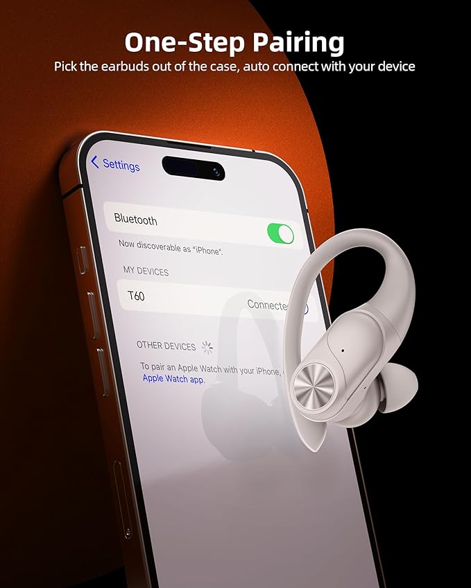 PocBuds Bluetooth Headphones Wireless Earbuds 80hrs Playtime Wireless Charging Case Digital Display Sport Ear Buds with Earhook Deep Bass IPX7 Waterproof Over-Ear Earphones for Phone Laptop Beige