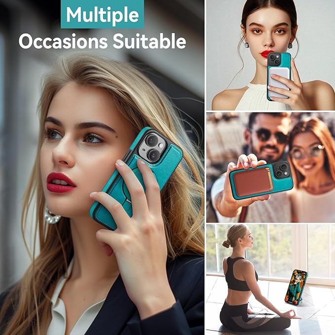 for iPhone 14 Plus Case with Stand Compatible with Magsafe Slim PU Leather & Durable TPU Drop Proof Magnetic Kickstand Protective Cover with Tempered Glass Screen Protector 6.7", Turquoise
