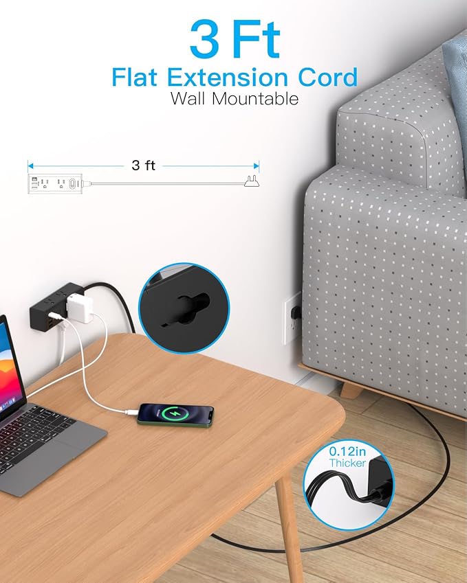 3Ft Extension Cord with Multiple Outlets, Flat Plug Power Strip Surge Protector with 3 Ft Cord, 6 Outlet 4 USB Ports (2 USB C), Multi Outlet Wall Plug for Travel, College, Dorm Room Essentials(Black)