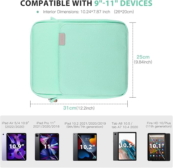 TiMOVO 9-11 Inch Tablet Sleeve Bag with Shoulder Strap for iPad 11-inch A16 2025, iPad 10th Gen. 10.9"/10.2", Galaxy Tab A9+/A11Plus 11", Mint Green