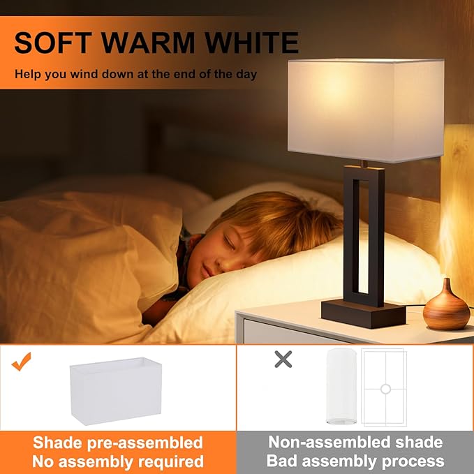 Nightstand Table Lamps for Bedrooms Set of 2 - Touch Bedside Lamp with USB C+A, 3 Way Dimmable Living Room Lamps for End Tables Set of 2, Modern Night Stand Lamps for Bed Side Guest Room(White)
