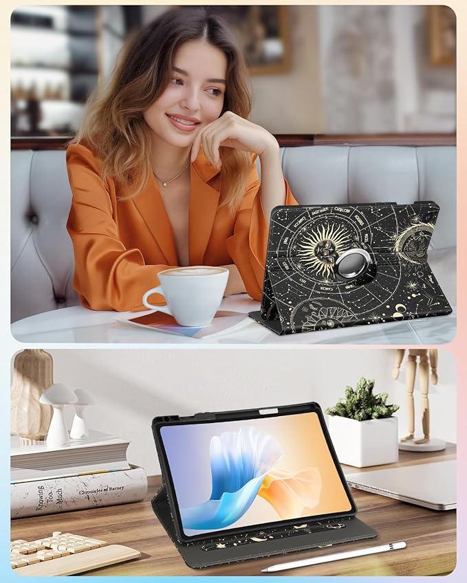 Kidcube for Samsung Galaxy Tab A9 Plus Case 11 Inch - for Women Girls Cute Rotating Stand Folio Cover with Pencil Holder & Card Slot Girly Sun Moon Stars Design Teens for Samsung A9 Plus Tablet Cases