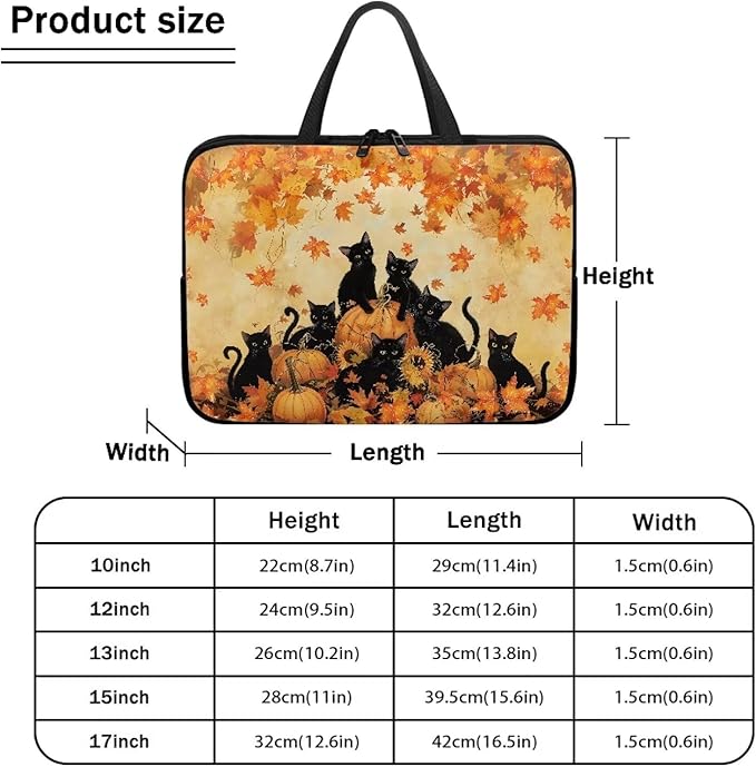Cat Pumpkin Maple Leaf Laptop Sleeve, 10-17 Inch Portable Zipper Carrying Sleeve Case Bag Computer Tablet Handbag Case Thanksgiving Notebook Messenger Briefcase for Travel/Business