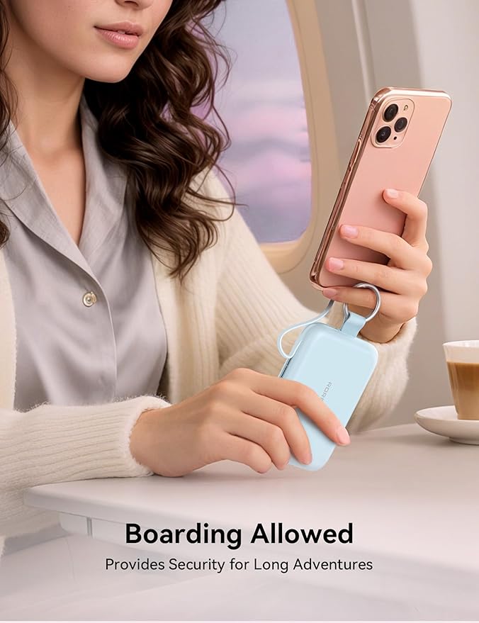 RORRY CharmGo Portable Charger, 10000mAh PD 30W Fast Charging Portable Charger Power Bank with Built-in Cables, Travel Keychain Charger Battery Pack for iPhone 17/16/15, for AirPods 2/3/4/Pro, Blue
