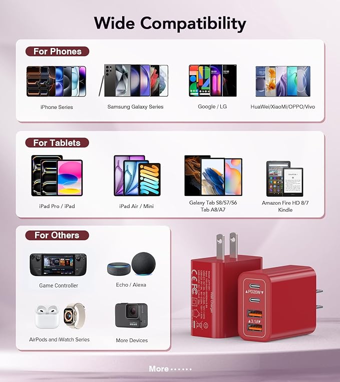 [2Pack] 40W USB C Wall Charger, Super Fast Charging Block PD+QC 4 Port Charger Cube for iPhone 17/16,iPad Pro/Mini/Air, iPod Nano, iPod Touch, Switch, Smart Phone, Smartwatches and Tablet(Red)