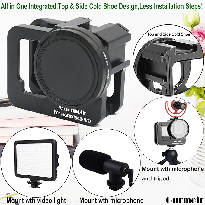 Metal Protective Case for Go Pro Hero 13/12/11/10/9 Black, Upgraded Aluminum Alloy Back Door Housing Frame Video Cage, with 2 Cold Shoe Mount and 52mm Filter