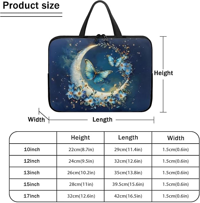 Blue Butterfly Moon Computer Bag Sleeve with Handle, Protective Tablet Case with Zipper, Women Sturdy Laptop Bag, Portable Notebook Sleeves Handbag for Travel/Business/School
