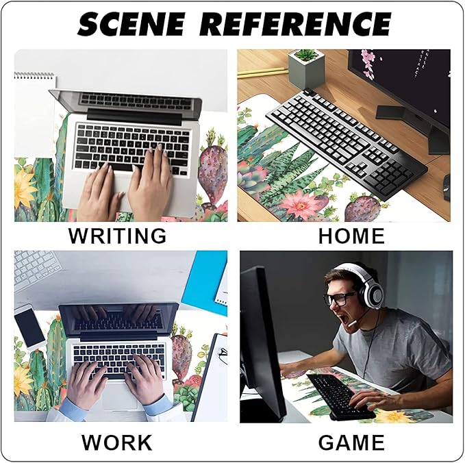 Extended Large Gaming Mouse Pad Watercolor Cactus XXL Size Keyboard Mouse Mat Desk Pad with Non Slip Rubber Base Stitched Edges Office Decor for Women Girls Men,35.4 x 15.7inch
