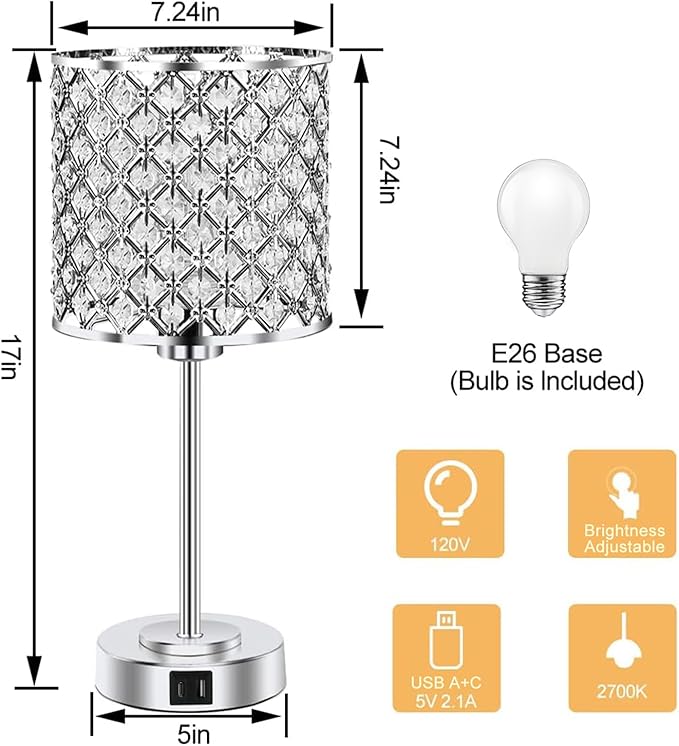 GyroVu Crystal Table Lamp for Bedroom Living Room, Touch Control Bedside Lamp with USB C+A Ports - Dimmable Nightstand Lamp Modern Light, Bulb Included