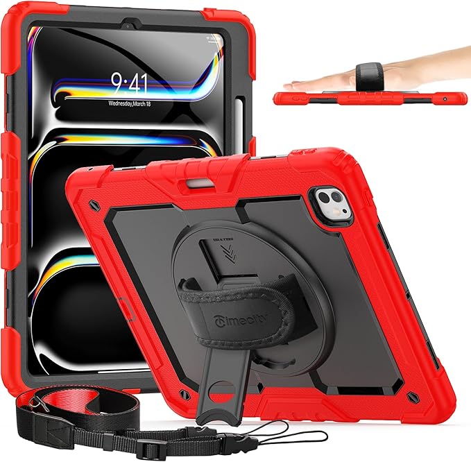 timecity Case for iPad Pro 13 Inch M5 2025 / M4 2024, 360° Rotating Stand, Pencil Holder & Wireless Charging, Shockproof with Screen Protector & Shoulder Strap - for Designers & Professionals, Red