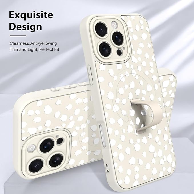 KANGHAR Compatible with iPhone 16 Pro Case, Support for MagSafe, Silicone Speck Leopard Cute Pattern, Wristband Kickstand Camera Protection Soft Slim Cover for Girls Women -White