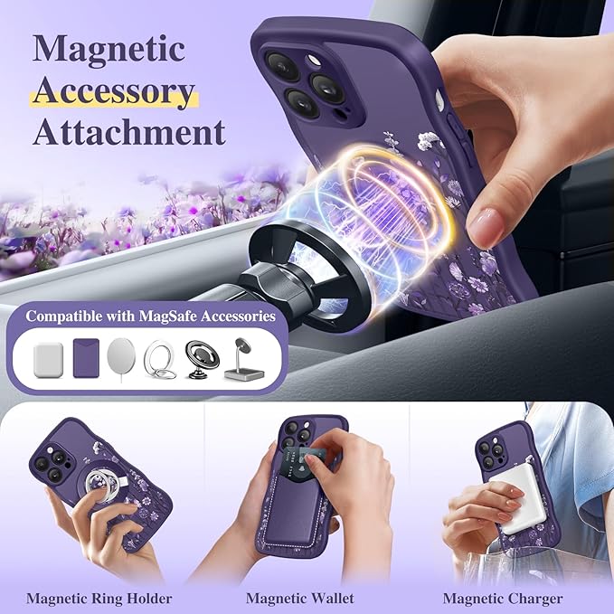 GVIEWIN for iPhone 14 Pro Max Case Compatible with MagSafe [Curly Wave Edge][Full Camera Protection] Floral Translucent Shockproof Magnetic Women Phone Case for 14 Pro Max, Floratopia/Deep Purple