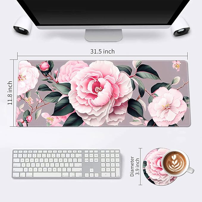 Large Mouse Pad for Desk+Coaster, Extended XL Mouse Pad 31.5x11.8 in, Mouse Pads Large with Stitched Edge, Desk Mat Keyboard Pad Non Slip Base Multi Purpose Desk Pad - Flower