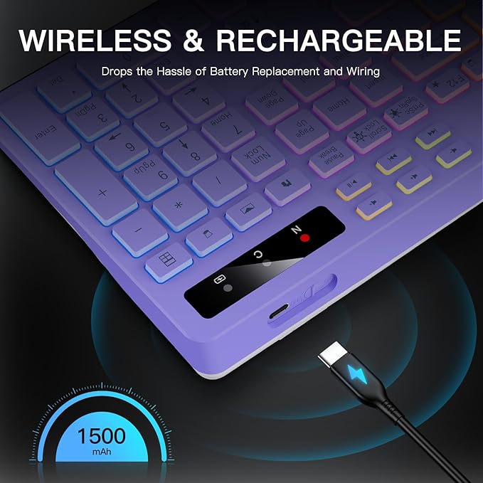 Soueto Wireless Keyboard with 7-Color RGB Backlit, Full-Size Computer Keyboard with Phone Tablet Holder, 2.4G Rechargeable Gaming Keyboard with Light Up Keys, Compatible with Mac, Windows (Purple)