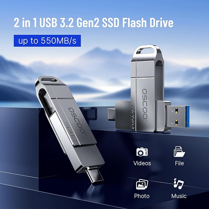 256GB SSD USB Flash Drive, Up to 550MB/s–USB 3.2 Gen1 Thumb Drive, Dual USB-C & USB-A Ports, Compatible with iPhone 15/16/17, Android Phones, Mac – Photo & Video Backup