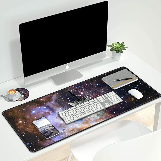 Desk Pad Mat Gaming Mouse Pads with Coasters Set, Stitched Edges Design Mouse Pad XXL Large Mouse Pad for Laptop Computers Galaxy Fly Cat Desk Writing Mat for Office & Home 31.5x 11.8