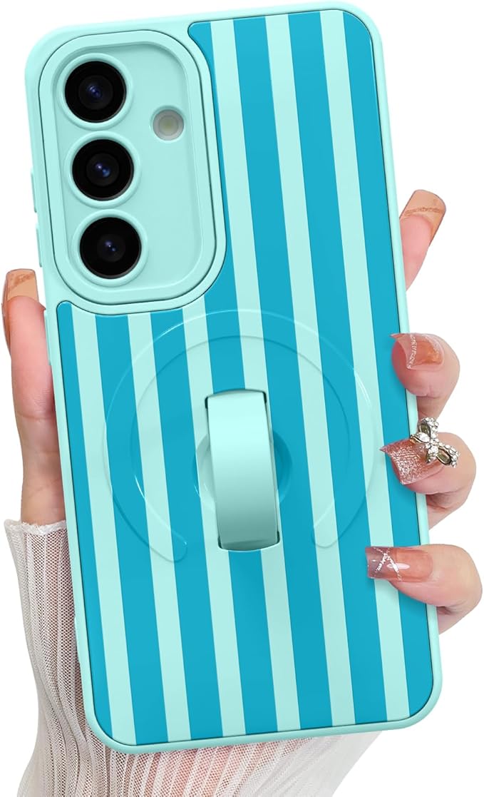 KANGHAR Compatible with Samsung Galaxy S25 Case, Support for MagSafe, Silicone Stripes Cute Pattern, Wristband Kickstand Camera Protection Soft Slim Cover for Girls Women -Blue