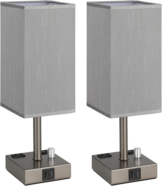 aooshine Grey Fully Dimmable Nightstand Lamps Set of 2 - Table Bedside Lamp with USB C+A Charging Ports & 2 AC Outlets, Square Lamp Sets Linen Fabric Shade for Bedroom Living Room(Bulb Included)