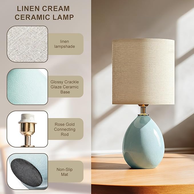 Dawnwake 18.5" Table Lamp Set of 2 for Living Room Bedroom, Bedside Lamps for Night Stands, Desk Nightstand Lamp Dimmable, Modern Linen Cream Ceramic Lamps (Blue)