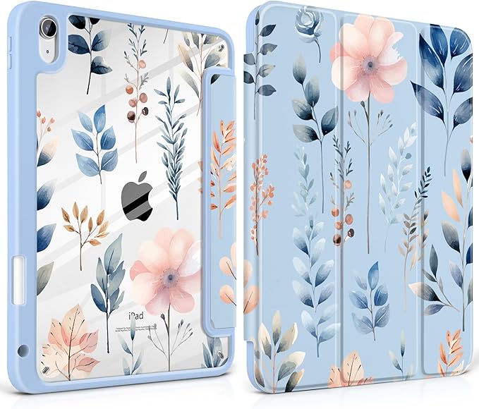 Case for iPad Air 11 inch M4 2026 M3 2025 M2 2024 Release with Pencil Holder Clear Back Shell Blue Lightweight Shockproof TPU Edge Trifold Stand Auto Wake Sleep Cute Cover, Hand-Drawn Leaves