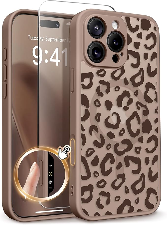 GVIEWIN for iPhone 16 Pro Case Compatible with MagSafe, [Military Grade Protection] [Screen Protector] Full Camera Protection Floral Translucent Women Magnetic Phone Case, Leopard/Brown