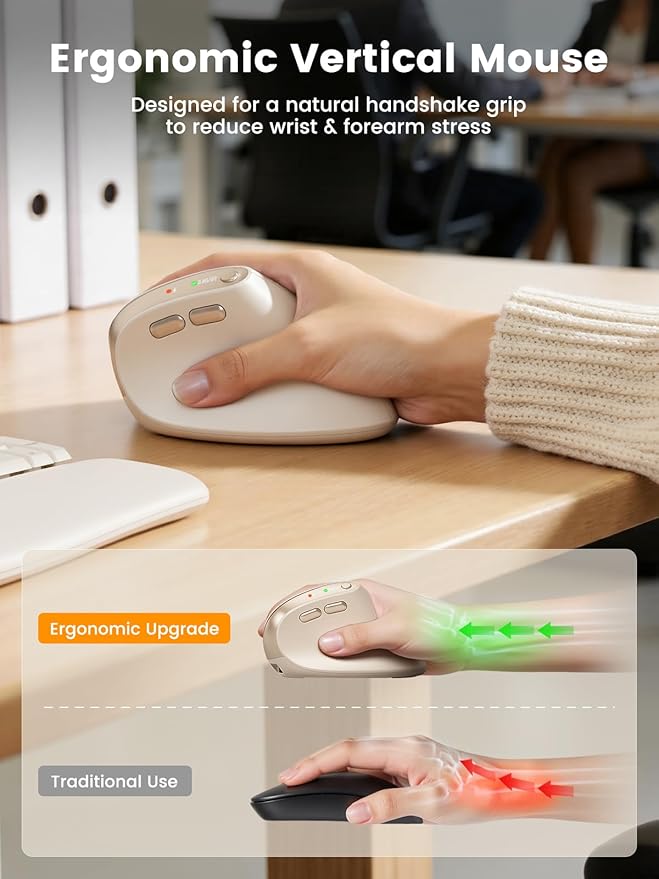 SABLUTE MAM3 Ergonomic Mouse, Rechargeable Wireless Vertical Mouse with 4 Adjustable DPI for Small/Medium Hands, Dual-Device Connectivity for Computer/PC/Laptop,Bluetooth Mouse for Window,Mac OS,Beige