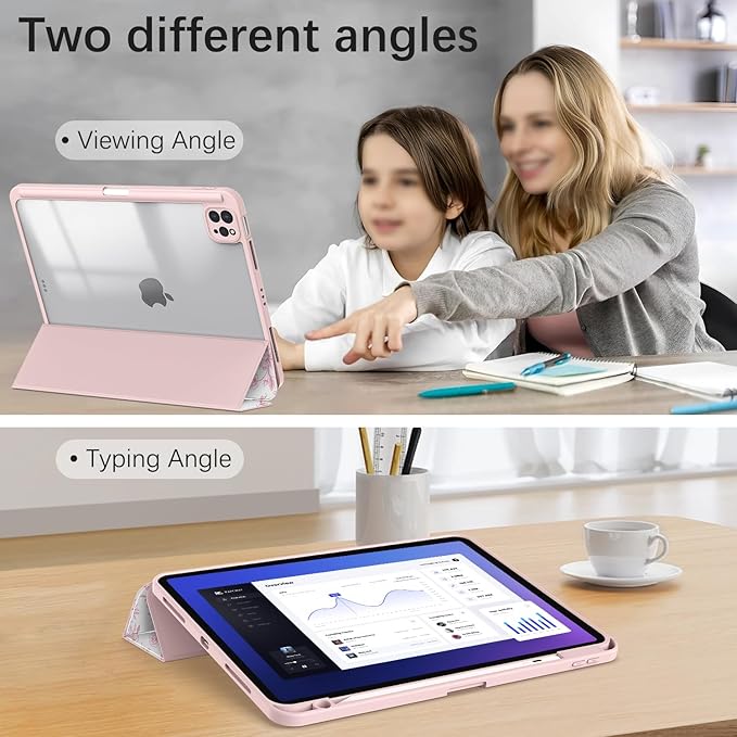 Case for iPad Pro 11 inch 4th/ 3rd/ 2nd / 1st Generation (2022/2021/2020/2018), Case with Pencil Holder, Clear Back Cover Cute Cool Design for Women Girls, Auto Sleep/Wake, Artistic Flower