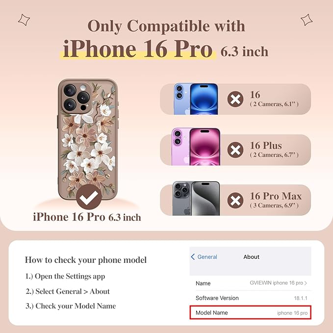 GVIEWIN for iPhone 16 Pro Case Compatible with MagSafe, [Military Grade Protection] [Screen Protector] Full Camera Protection Floral Translucent Women Magnetic Phone Case, Dogwood/Brown