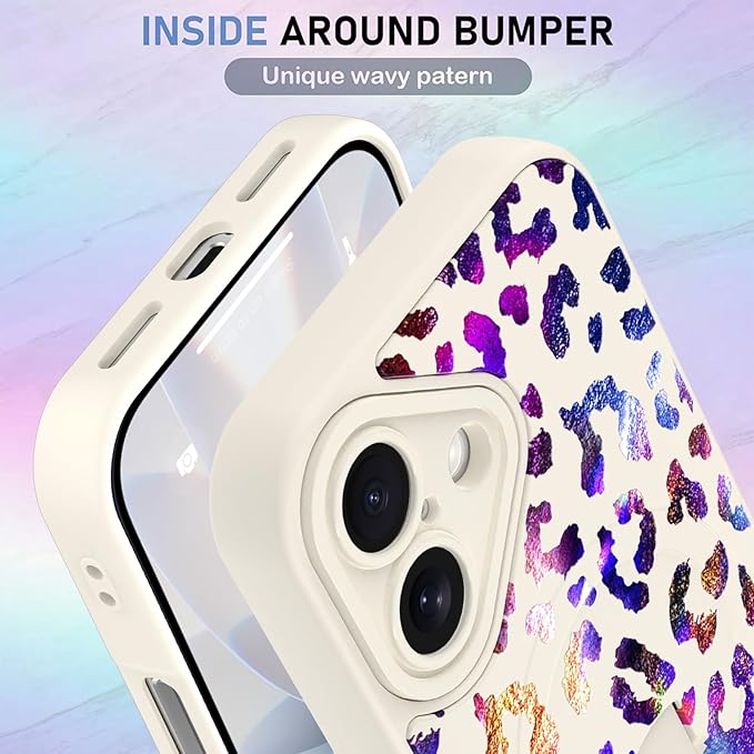 KANGHAR Compatible with iPhone 17 Case, Support for MagSafe, Silicone Cute Iridescent Leopard Cheetah Pattern, Wristband Kickstand Shockproof Protective Slim Cover for Women Girls, White