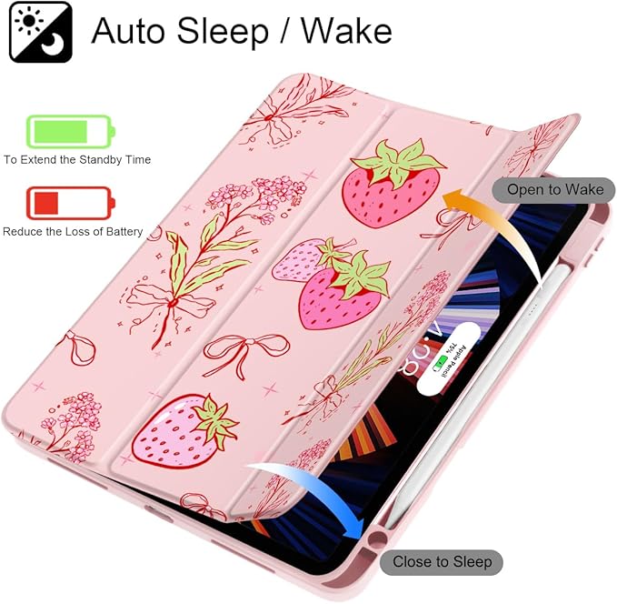 May Chen Case for iPad Pro 11-Inch M5/M4 2025/2024 (6th/5th Generation), Clear Transparent Print Back Shell Slim Stand Shockproof Tablet Cover, Auto Wake/Sleep, Strawberry Bow