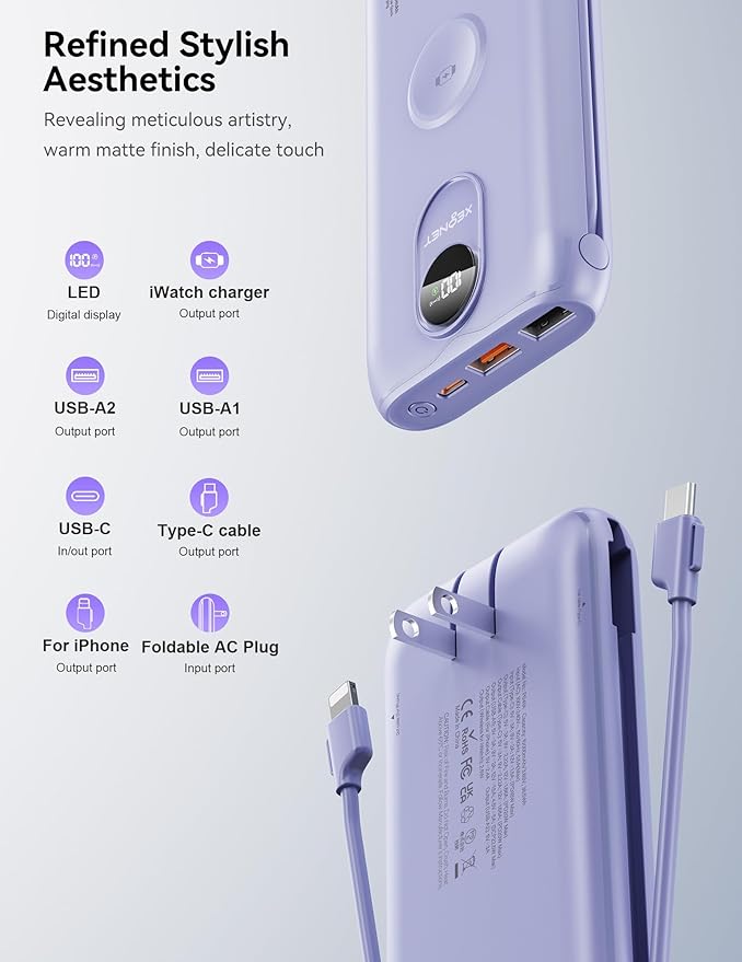 Portable Charger, 10000mAh 22.5W Power Bank Fast Charging with Wall Plug, Built-in Cables, LED Display, Compact Lightweight USB C Travel Battery Pack for iPhone 17/16, Android Cell Phone, Pad, iWatch