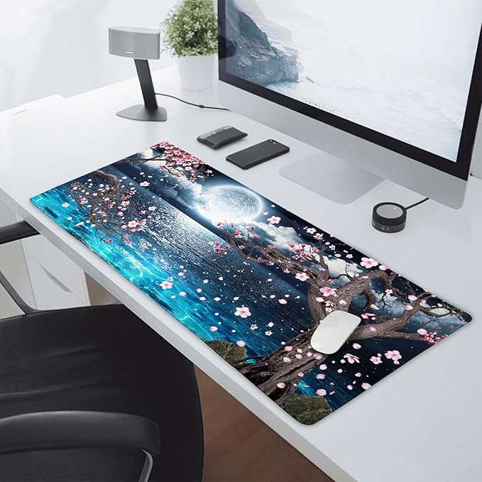Pink Cherry Blossom Gaming Mouse Pad XXL Sakura Tree Blue Ocean Moon Night Extended Big Large Desk Mat Non-Slip Rubber Base Stitched Edge Long Keyboard Mousepad for PC Computer Laptop,35.4×15.7 in