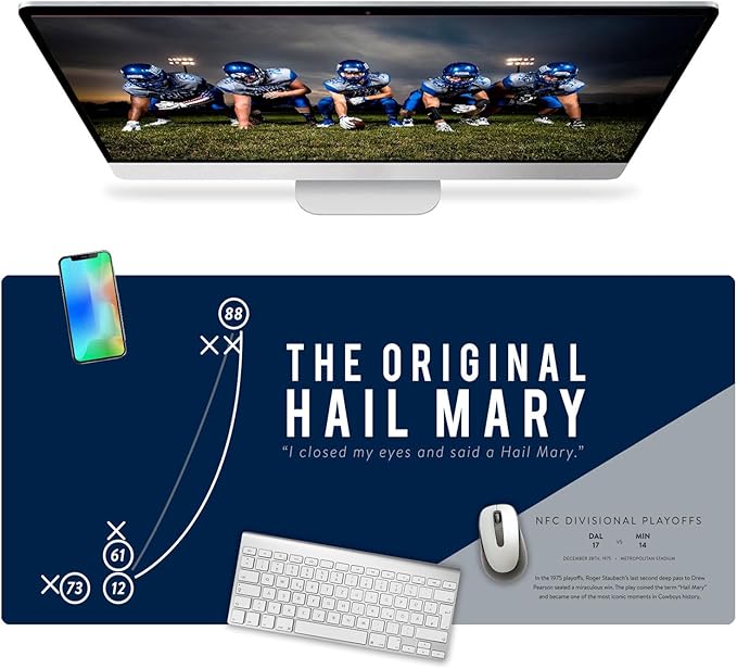 French KOKO Large Dallas Football Desk Mat for Desktop – XL Blue and Silver Desk Pad Mat Featuring The Hail Mary Play, Texas Sports Fan Gift, Man Cave Office Decor, Smooth Waterproof Desk Protector