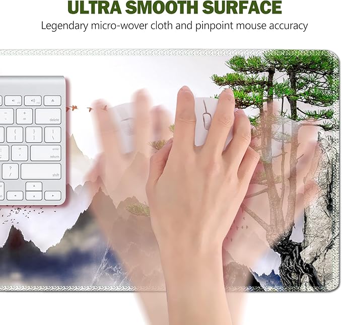 AIMSA Large Gaming Mouse Pad Extended Mouse Pad with Stitched Edge, Keyboard Mouse Mat Non-Slip Rubber Base Desk Pad 31.5x11.8 inch for Office Home Game Work, Pine Tree Mountains