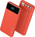 Portable Charger, 10000mAh 22.5W Fast Charging Power Bank with 4 Built-in Cables, Travel Essentials Battery Pack with LED Display, 6 Outputs Charging Bank Compatible with iPhone, iPad, Samsung etc Red