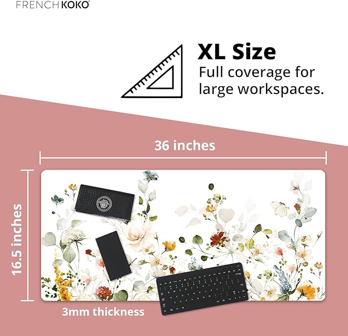 French KOKO Desk Mat, Large Desk Pad Large Mouse Pad Cute Desk Accessories Home Office Essentials XL Desk Mat Desk Pad Keyboard Mouse Desk Pads Computer Cute Women Girls (Floral White, 36" x 16.5")