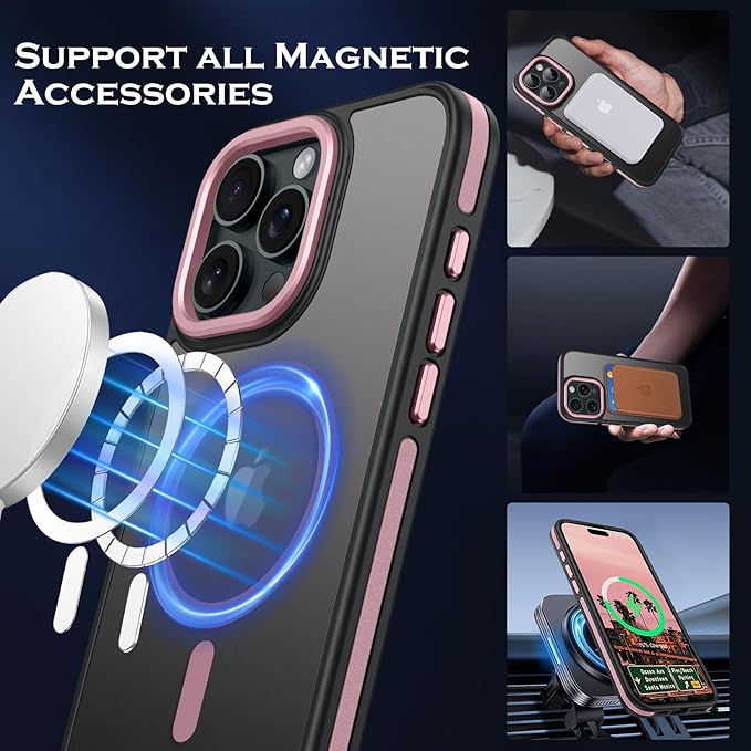 YINLAI Case for iPhone 16 Pro 6.3-Inch, iPhone 16 Pro Phone Case Magnetic [Compatible with Magsafe] Slim Translucent Matte Men Women Girls Shockproof Protective Back Cover, Black/Pink