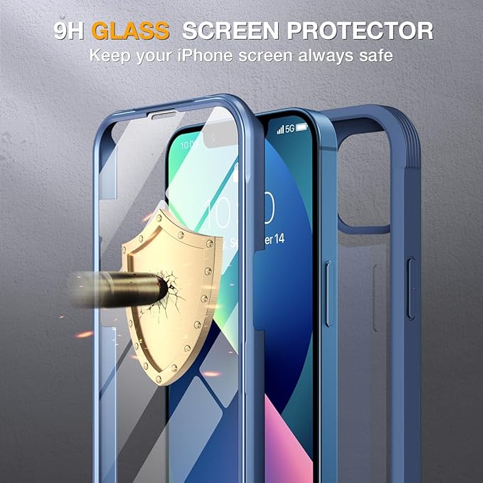 Miracase for iPhone 13 mini Case 5.4",Full-Body Protection,Clear Bumper Case with Built-in 9H Tempered Glass Screen Protector,Military-Grade Drop Protection Outdoor Phone Case for 13 mini,Dark Blue
