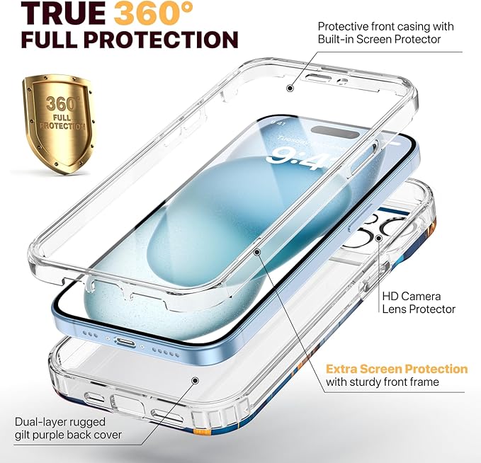 Diaclara Designed for iPhone 15 Case, Full Body Rugged Case with Built-in Touch Sensitive Anti-Scratch Screen Protector, with Camera Lens Protector for iPhone 15 6.1" (Water Blue)