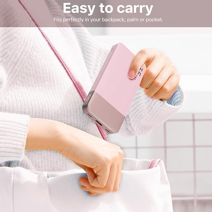 NOBIS Portable Charger, 10000mAh Power Bank Fast Charging, Battery Pack with C to C Cable, Battery Bank with Digital Display for iPhone iPad Android etc (Pink, 35W)