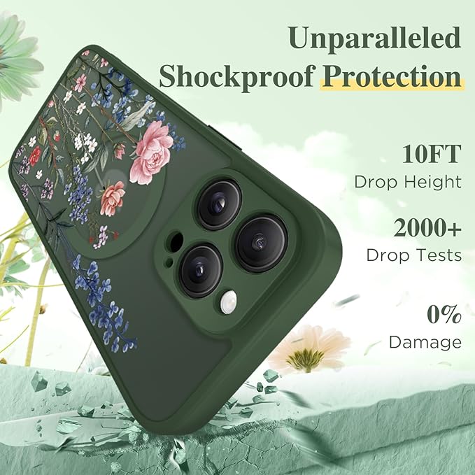 GVIEWIN for iPhone 16 Pro Max Case Compatible with MagSafe, [Military Grade Protection] [Screen Protector] Full Camera Protection Floral Translucent Women Magnetic Phone Case, Lush Garden/Forest Green