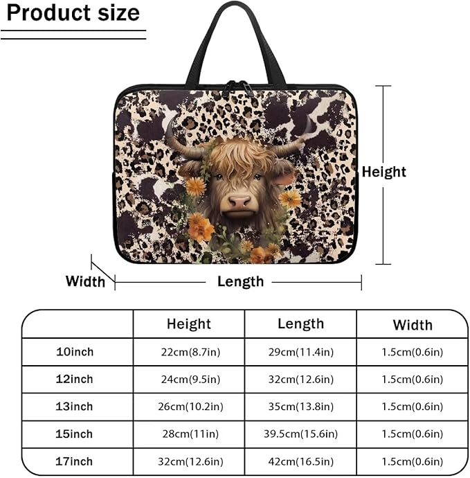 15 Inch Laptop Sleeve, Laptop Cover Computer Bag Tablet Carrying Case with Handle, Brown Cow Zipper Tote Bags Notebook Sleeves Handbag Messenger BriefcaseGifts for Women