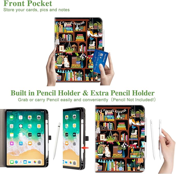 Vimorco for iPad Air 11 Inch Case M4/M3/M2 2026/2025/2024, for iPad Air 5th/4th Gen Cases 10.9-inch, for iPad Pro 11 Inch Case 4th/3rd/2nd/1st Generation Pencil Holder/Hand Strap/Pocket, Cat and Book