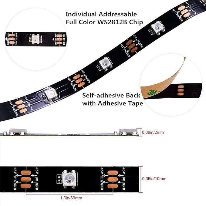 WS2812B LED Strip Lights 16.4ft 5M WS2812B 150LEDs Programmable Individual Addressable WS2811 Built-in 5050 RGB LED Strip IP30 Non-Waterproof DC5V with Mini Controller