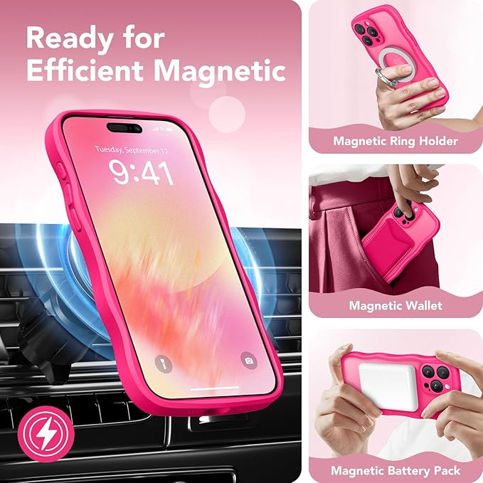 CAPRARO Cute for iPhone 13 Pro Case, Compatible with MagSafe, [Curly Wave Edge] [Full Camera Protection] [14 FT Drop Protection] Magnetic Phone Case for 13 Pro 6.1 Inch, Hot Pink
