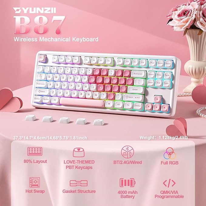 YUNZII B87 Wireless Mechanical Keyboard,QMK/VIA Programmable,TKL Layout 87 Keys,BT/2.4G/USB-C,Hot Swap Gasket Mount RGB Backlit Gaming with Wrist Rest for Win/Mac (White Heart, Milk V2)