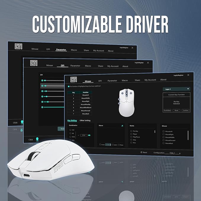 EPOMAKER Click Gaming Mouse Wireless 2.4Ghz/BT/Type-C, 800 to 42,000 DPI Adjustable, 8K Polling Rate, 500mAh, Lightweight Optical Mouse, for PC/Mac/Linux (White)